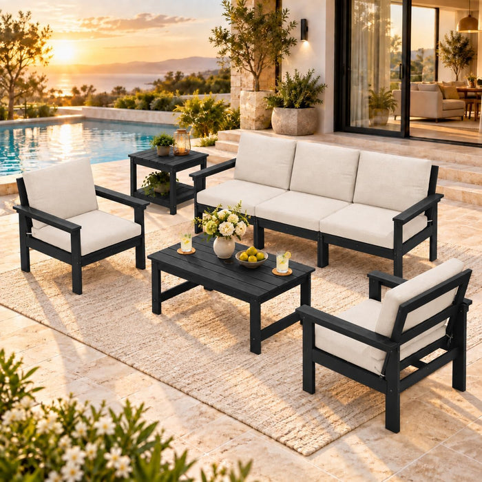 7-Piece HDPE Outdoor Patio Furniture Set with Cushions for Backyard, Porch and Poolside,Black Frame with Khaki Cushion