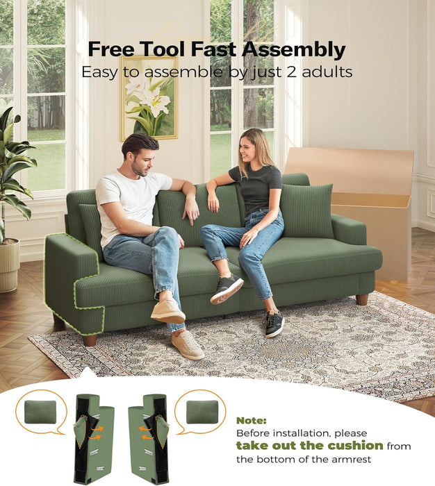 Corduroy Sofa EightySevenInch DeepSeat Green LivingRoom Comfort