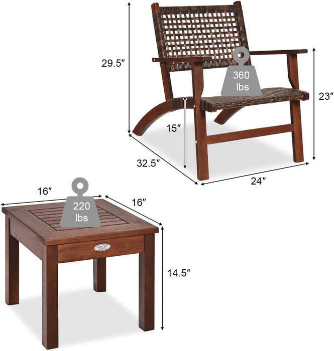 3 PCS Patio Conversation Set, Solid Eucalyptus Wood Frame Outdoor Wicker Furniture Set Bistro Set with Coffee Table, Rattan Furniture Set for Backyard Porch Garden Poolside Balcony (Brown)