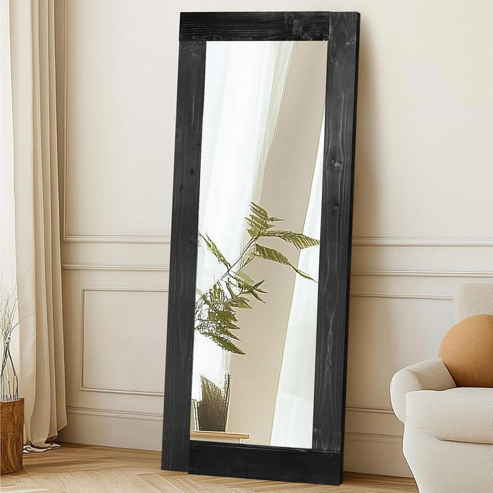 58X24In Full Length Mirror, Solid Wood Convex Frame, Black