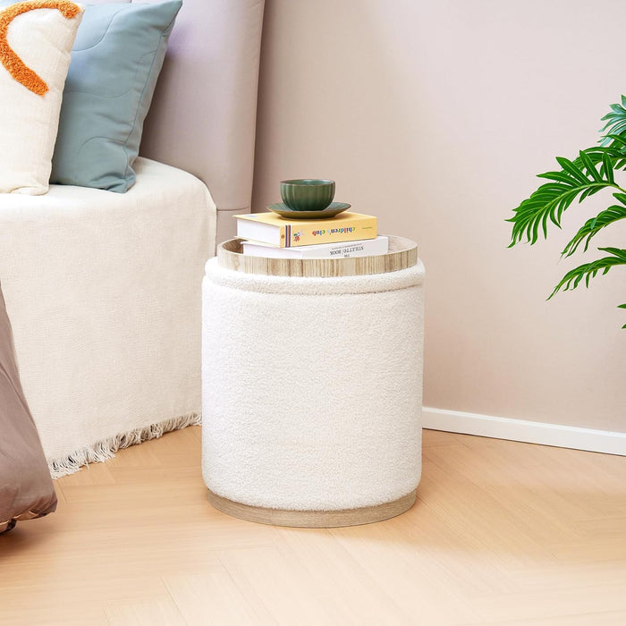 round Ottoman with Storage Set of 2, Vanity Stool with Tray Storage for Bedroom, Small Teddy Velvet Foot Rest Stool Ottoman for Living Room, Dorm (White)
