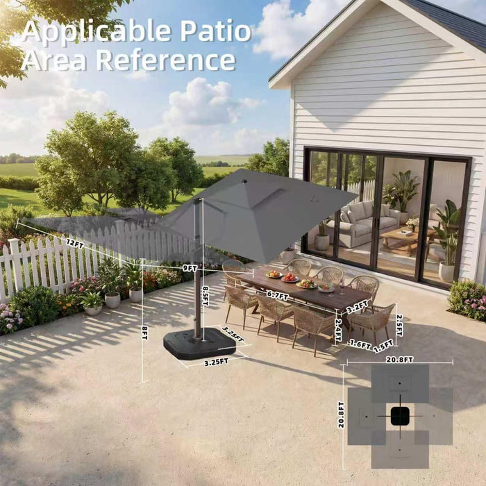 9' X 12' Patio Cantilever Outdoor Umbrella with Base and LED Lights