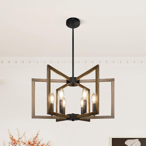 6-Light Modern Farmhouse Pendant Lights for Kitchen Island, Vintage Geometric Dining Room Lighting Hanging, Industrial Chandelier for Hallway Foyer, Retro Wood Texture and Black Finish