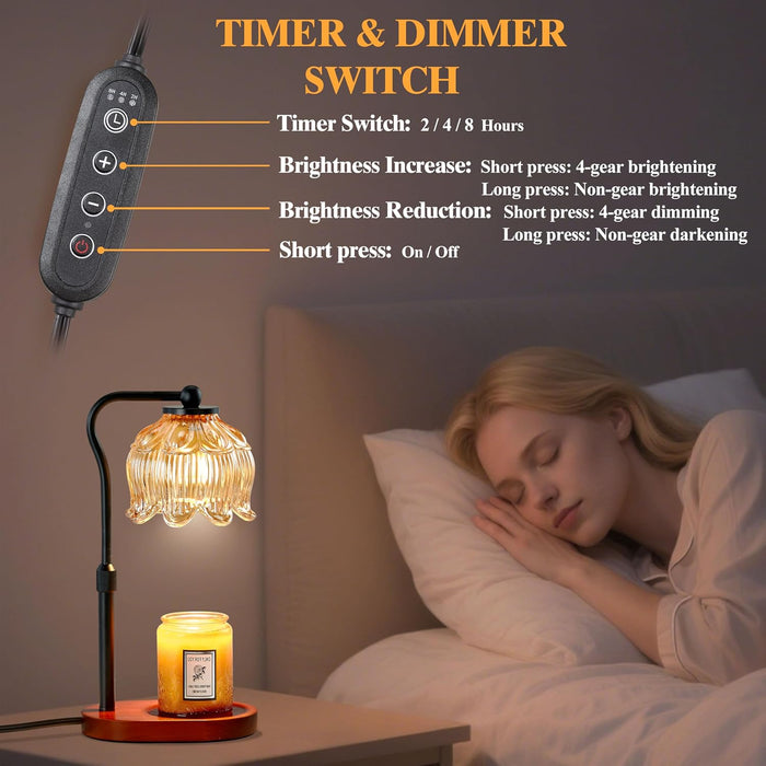 Candle Warmer Lamp with Timer & Stepless Dimming, Height Adjustable Electric Wax Warmer for Jar Candles, Flower Wax Melter with Wood Base, Gifts for Women Home Decor, Walnut Wood