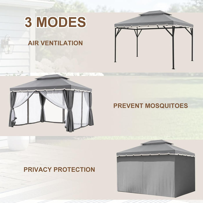 10X13 FT Gazebo with Mosquito Netting, Metal Frame Canopy Shelter, Gray | Double Soft Roofs Backyard, Garden, Deck, Patio, Party Events Mesh Netting and Privacy Screen Sun-Proof and Water-Proof