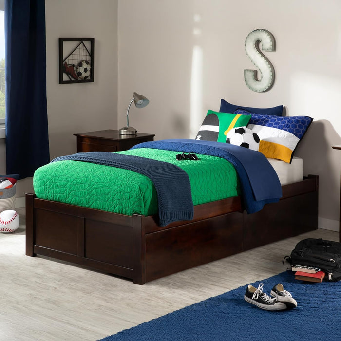 Concord Twin XL Size Platform Bed with Footboard & Storage Drawers in Walnut