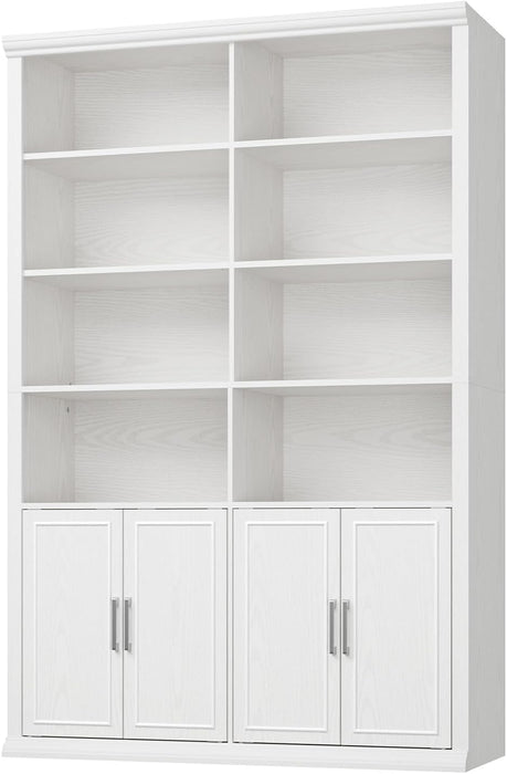 42" W Double Bookcase and Bookshelf with Doors, White | 72" Tall, Large Bookcase, Open Shelves & 6-Tier Storage Cabinets, for Home Office, Living Room, Library