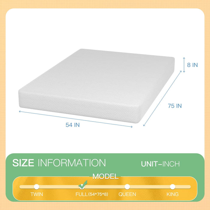 8 Inch Memory Foam Mattress Cooling Gel Green Tea Infused Mattress,Fiberglass Free,Certipur-Us Certified,Cooler Sleep Supportive & Pressure Relief,Mattress in Box, White Full