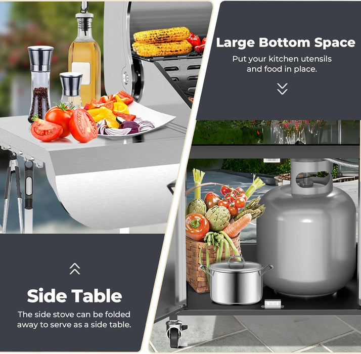 3-Burner Propane Gas Grill with Sider Burner, Stainless Steel Propane Grill 34,000BTU, Multifunction & Protable Outdoor Barbecue Grill with Casters for Camping & Parties