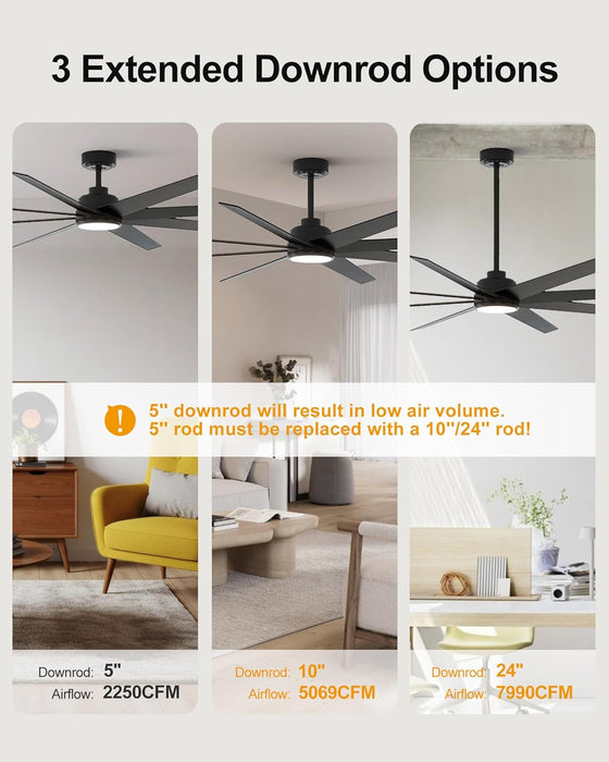 Ceiling Fans with Lights and Remote - 72 Inch Black Large Ceiling Fan for Inoor Bedroom, Living Room, Kichen, 3 Downrods, Dimmable, Super Quiet, 6 Speeds, Dual Finish 8 Blades