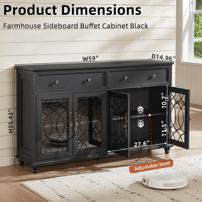 Farmhouse Sideboard Buffet Cabinet with Storage,59" Large Credenza with 4 Glass Doors & 2 Drawers,Adjustable Shelves Console Table,Wood Kitchen Coffee Bar for Dining Room,Living Room,Black