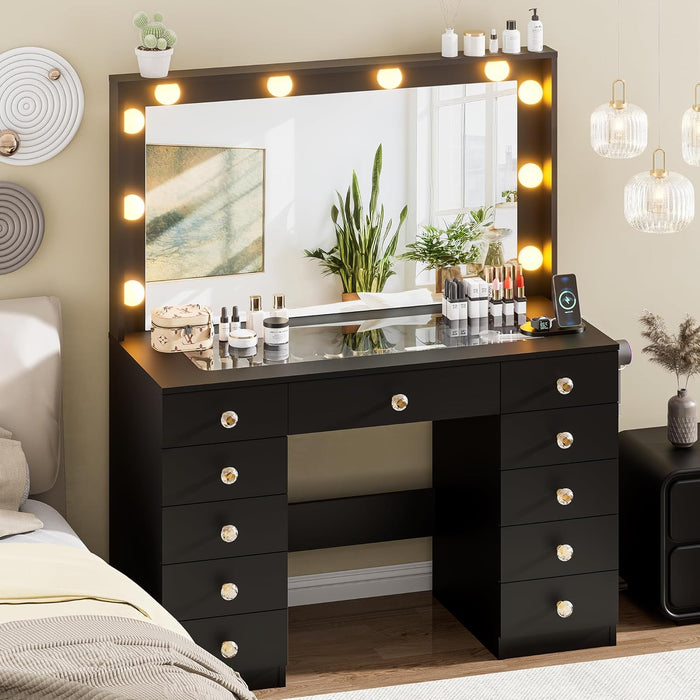 42.1" Vanity with Large Mirror and 10 LED Lights, Vanity Desk with Glasstop, 11 Drawers with Crystal Handles, Dressing Table with Power Outlet as Gift for Women, Girls (Black)