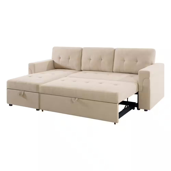 84.64 In. Velvet L-Shaped Sleeper Sectional Sofa with Square Arms In. Beige, Reversible Chaise, and Pull-Out Sofa Bed