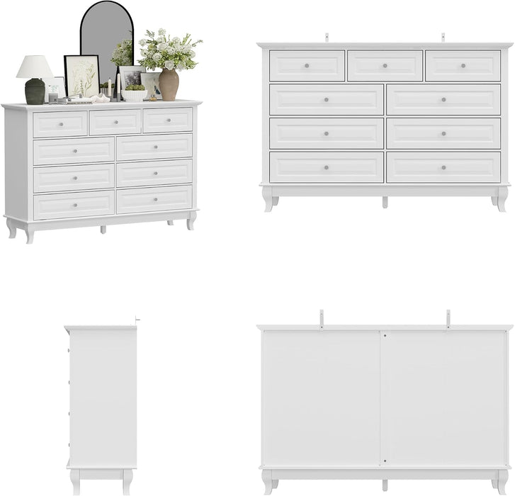 9 Drawer Dresser for Bedroom, White Dresser with Rubberwood Legs