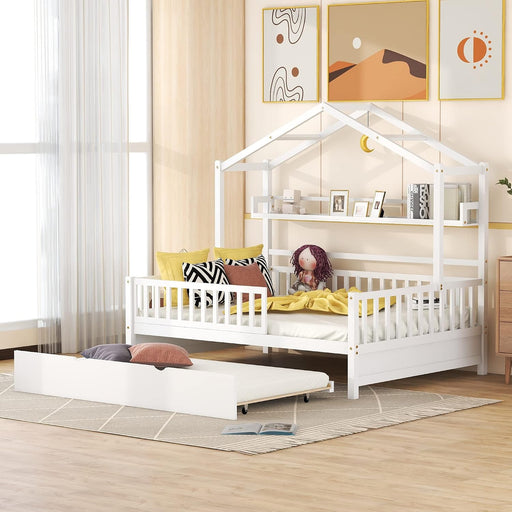 FullSize White Wooden Playhouse Trundle Bed Storage
