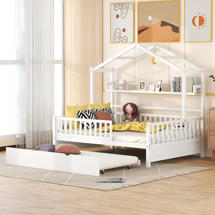 FullSize White Wooden Playhouse Trundle Bed Storage