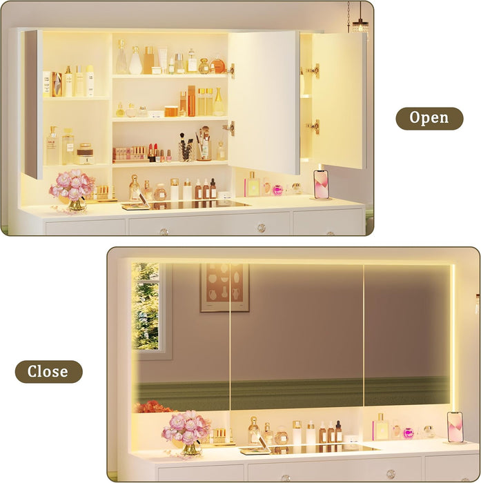 Vanity Desk with Mirror and Lights, 45.3'' Large Makeup Vanity with Glass Top & Power Outlet, White Vanity Table with 3 Drawers & 2 Cabinets & Hidden Storage Shelves, 3 LED Lighting Modes