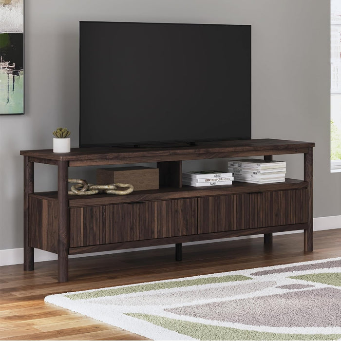 Cadmori Casual 72" TV Stand for Tvs up to 82" with Ambient Lighting, 2 Drawer and a Shelf, Dark Brown