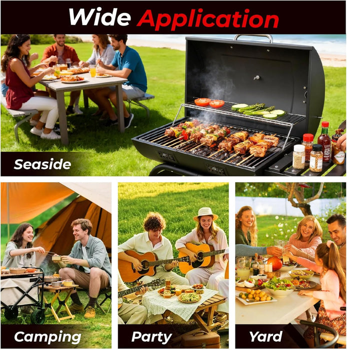 Upgraded Barrel Charcoal Grill with 2 Sides Table, BBQ Grill Outdoor Smoker with Wheels for Party Garden Patio and Backyard Cooking 39''D × 24''W × 46''H (Upgraded Grill W/Side Table)