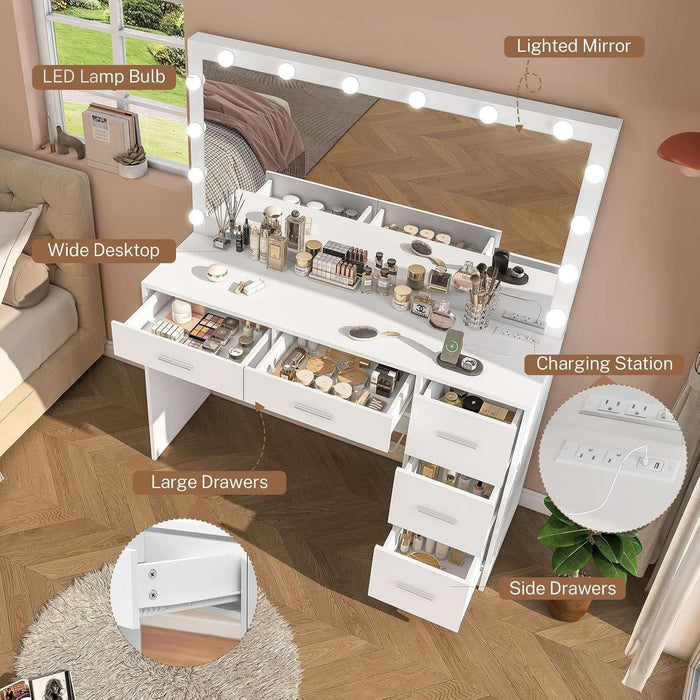 47.2" Large Vanity Desk with Mirror & 14 LED Lights, Makeup Vanity Table with 5 Drawers & Charging Station, Makeup Vanity Desk, 3 Lighting Colors, Dressing Vanity Table for Bedroom, White
