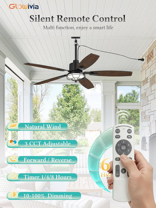 52" Outdoor Ceiling Fan with Lights, IP65 Waterproof Gazebo Fan with 3CCT Remote Control 6-Speeds Reversible DC Motor,Plug in Hanging Ceiling Fan for Patio Porch Pergola(Black)