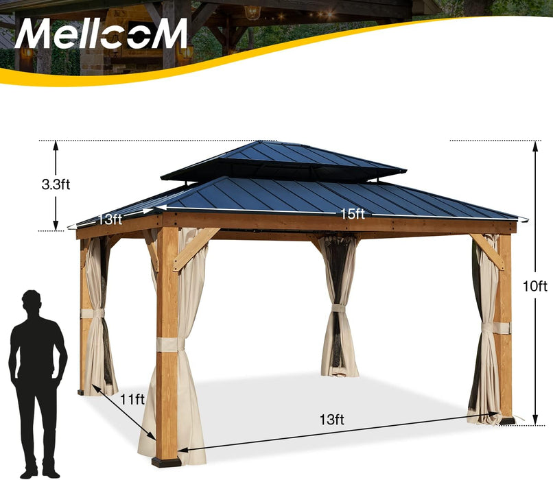 13' X 15' Outdoor Hardtop Gazebo, Cedar Wood Framed Gazebo with Powder Coated Metal Roof for Gardens, Patios, Lawns