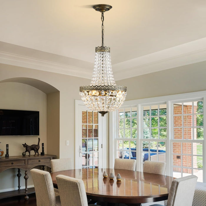 4 Lights French Empire Mini Crystal Chandelier Farmhouse Pendant Lighting, Bronze Finish Ceiling Light Fixture for Dining Room Bedroom Foyer Living Room, W12.6 X H19.7