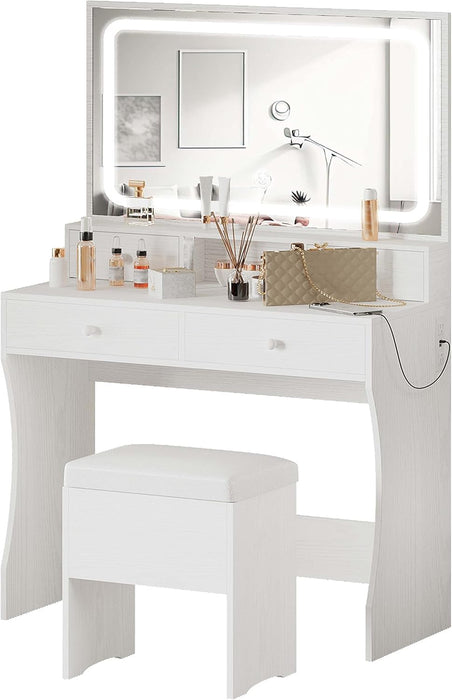 Vanity Desk with LED Lighted Mirror & Power Outlet, Makeup Vanities Table with 4 Drawers,Storage Bench,Dressing Table for Bedroom White