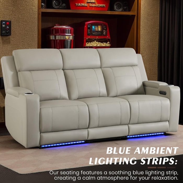 Dual Motor Power Reclining Sofa, Breathable Leather Reclining Couch with Power Headrest/Led Light/Armrest Storage, Recliner Sofa 3 Seater for Living Room (Grey, 3 Seater)