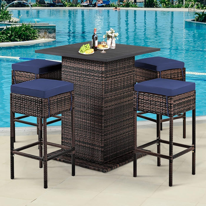 5-Piece Outdoor Bar Set, Wicker Rattan Bar Height Patio Set W/4 Cushion Bar Stools & Table with Hidden Storage, 5PCS Outdoor High Top Table and Chairs Set for Backyard Poolside (Navy Blue)
