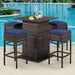 5-Piece Outdoor Bar Set, Wicker Rattan Bar Height Patio Set W/4 Cushion Bar Stools & Table with Hidden Storage, 5PCS Outdoor High Top Table and Chairs Set for Backyard Poolside (Navy Blue)