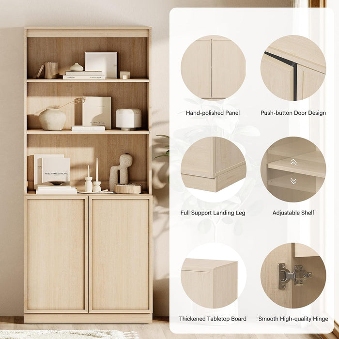 Modern 72" Tall Bookshelf with Doors and Adjustable Shelves, Library Bookcase with Storage Cabinet and Open Book Shelfs, Wood Book Shelf for Home Office, Living Room, Beige, 1 PC