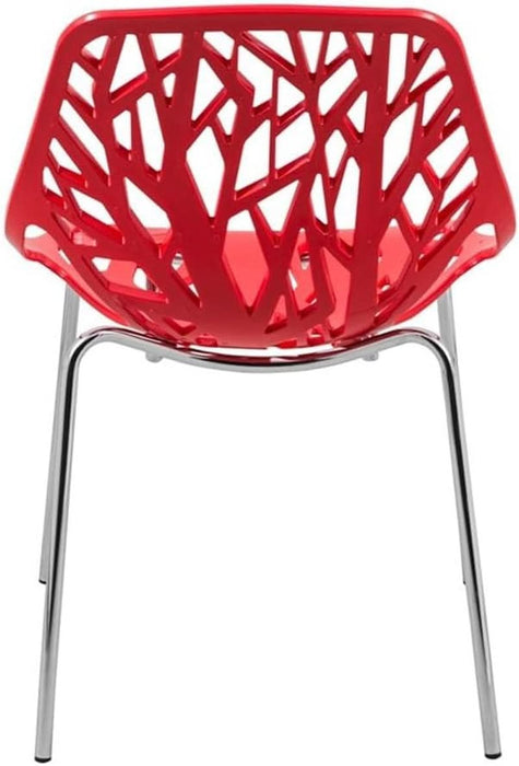 Forest Modern Dining Chair Set of 4 Red, Cut-Out Solid Back, Durable Polypropylene Seat with Chromed Legs, Stackable Contemporary Kitchen and Dining Room Chairs