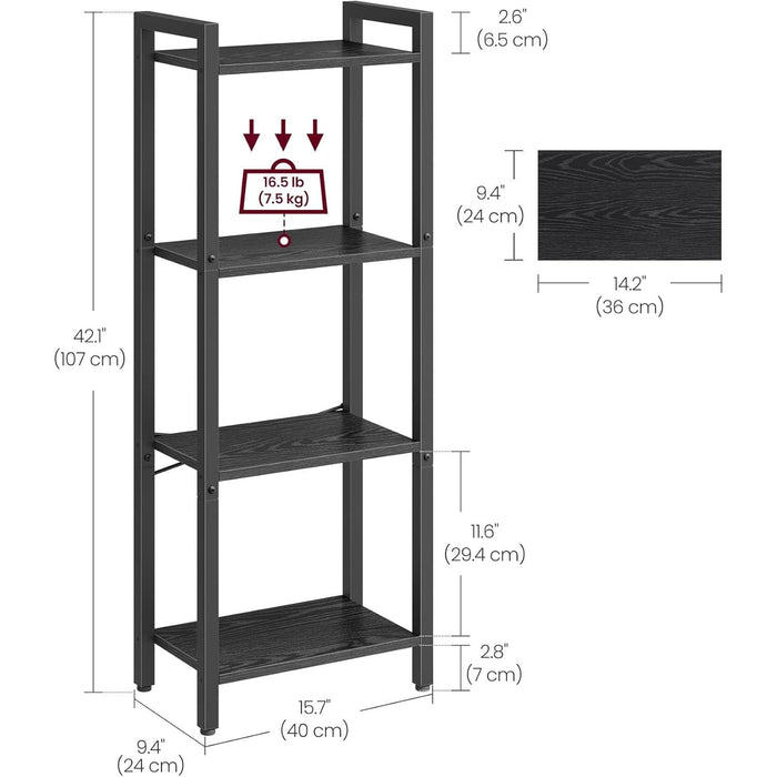 4-Tier Tall Bookshelf, Bookcase with Steel Frame, Book Shelf for Living Room, Home Office, Study, 9.4 X 15.7 X 42.1 Inches, Industrial Style, Ebony Black and Black ULLS099B56