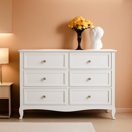 White Dresser 6 Drawer, Wood Dresser Chest of Drawers, Clothes Dressers for Bedroom with Curved Legs and Grooved Drawer Front, French, 47.24" W*15.75" D*33" H
