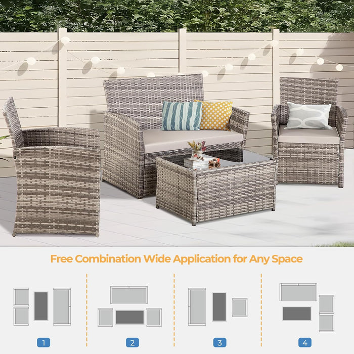 4 Piece Outdoor Patio Furniture Sets, Wicker Sectional Conversation Sofa Set, Rattan Table and Chairs and Loveseat with Cushions for outside Balcony Porch Backyard (Gray-Gray)