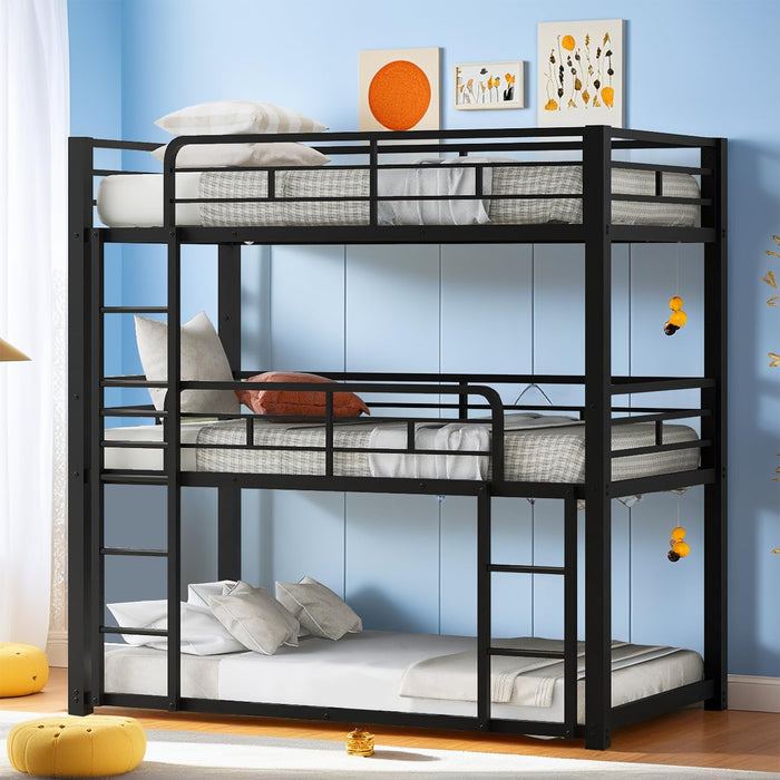 Metal Bunk Bed with Trundle,Twin over Twin Bunk Bed Frame with Ladder and Safety Rails for Triple Metal Bunk Can Be Divided into Two Beds (Black-Twin over Twin over Twin)