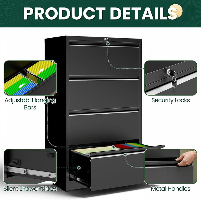 4 Drawer Lateral File Cabinet, Metal Filing Cabinet for Home Office, Black