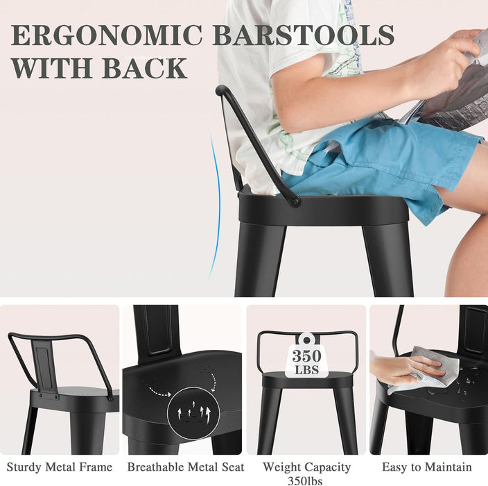 Bar Stools Set of 4, 30 Inch Bar Height Stools with Back,Black