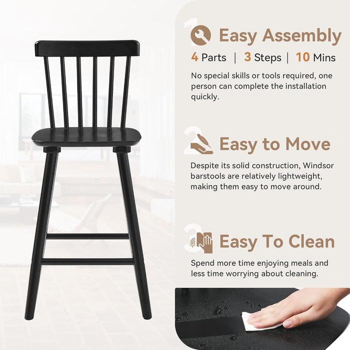 Windsor Wooden Bar Stools Set of 4 for Kitchen Island, Farmhouse 24 Inch Counter Height Stools Chairs with Spindle Back, Black