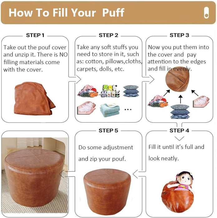 Faux Leather Pouf Cover,Unstuffed Pouf Ottoman Round,Φ19.7X13.7 Mid-Century Moroccan Large Floor Storage Foot Rest Bean Bag for Living Room Bedroom,Brown