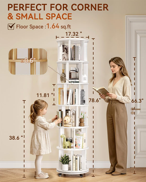 Rotating Bookshelf, 6 Tier Solid Wood Bookshelf Tower with Lockable Wheels