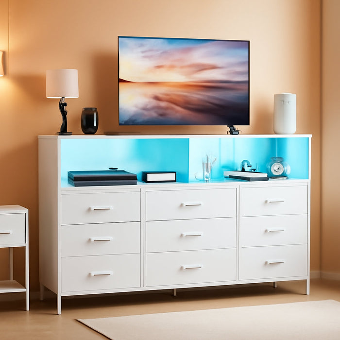 White Dresser With BuiltInLED USB Charging Station