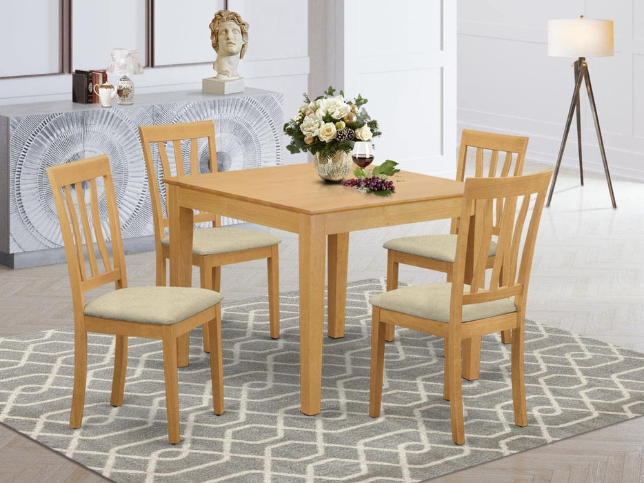 OXAN5-OAK-C 5 Piece Kitchen Table Set for 4 Includes a Square Dining Table and 4 Linen Fabric Dining Room Chairs, 36X36 Inch, Oak