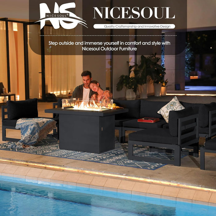 ® Modern Large Grey Aluminum Outdoor Patio Furniture Set with Fire Pit Table, 29'' Deep Wide Seating Conversation Sofa L Shaped Sectional Couch Set (6 Pieces, 5 Seats)