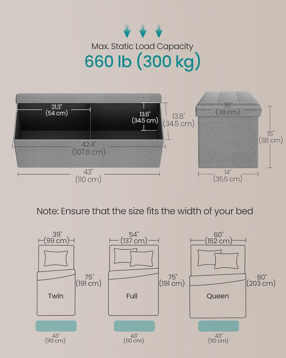 43 Inch Foldable Storage Ottoman CharcoalGrayFinish