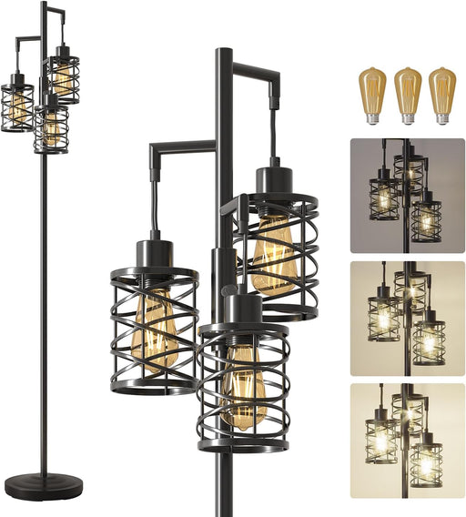 70" Industrial Floor Lamp, Stepless Dimmable Standing Lamp with 3 Bulbs, Farmhouse Corner Standing Tree Lamp for Living Room, Tall Lamps for Bedroom, Office, Study Room, Dining Room, Black