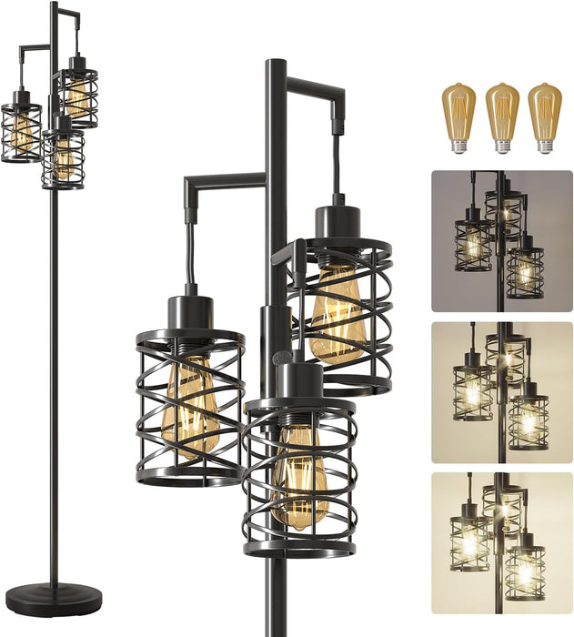 70" Industrial Floor Lamp, Stepless Dimmable Standing Lamp with 3 Bulbs, Farmhouse Corner Standing Tree Lamp for Living Room, Tall Lamps for Bedroom, Office, Study Room, Dining Room, Black