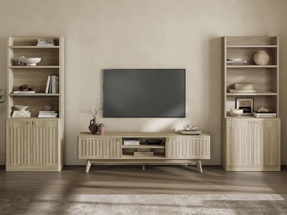 Modern TV Stand for 65/75/80 Inch TV, Long 70" TV Stand Entertainment Center with 2 Storage Cabinets, Fluted-Door Media TV Console Credenza Table for Living Room, Hallway, Light Oak