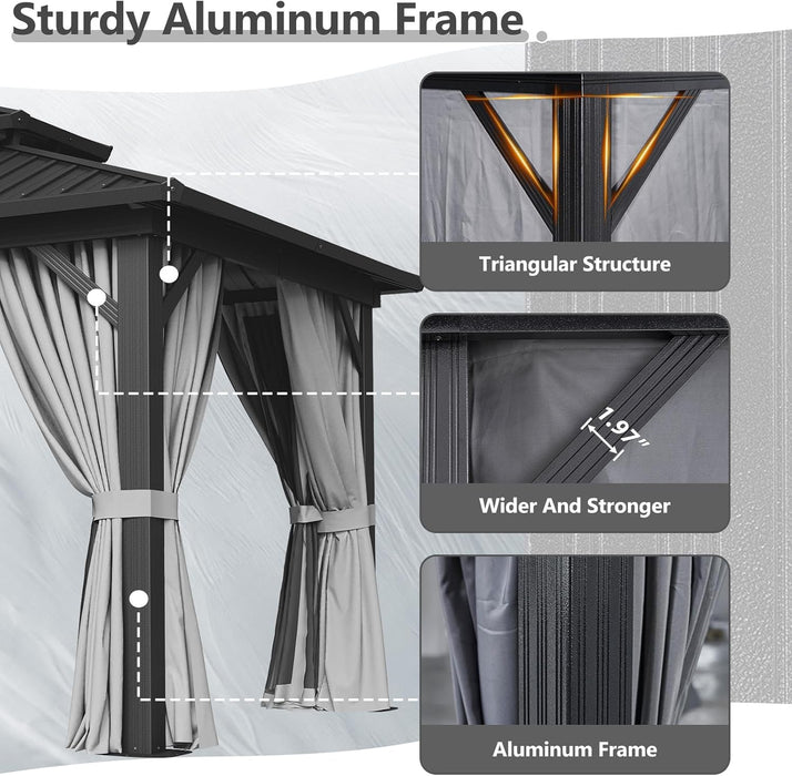 10' X 14' Hardtop Gazebo, Aluminum Metal Outdoor Gazebo with Galvanized Steel Double Roof, Permanent Patio Pavilion with Breathable Netting and Curtains for Dining, Wedding, Party